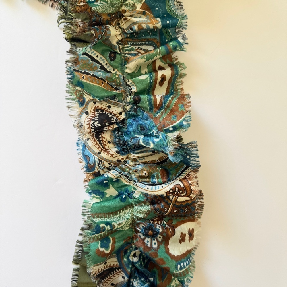Scarf Ruffle Printed Solid Rabbit Fur Pom-Pom Green Made in France Art to Wear - Picture 12 of 12